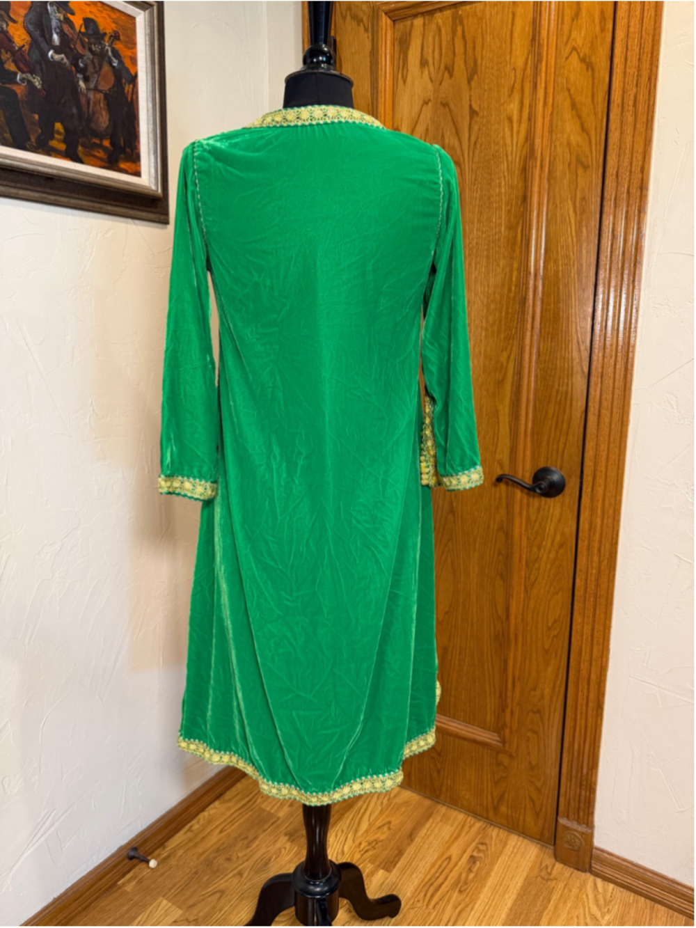 Emerald Green Velvet Kaftan Caftan Gold Metallic Trim Small - Picture 6 of 10